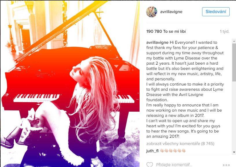 Avril Lavigne vydá v roce 2017 novou desku. Bude i o boji s lymskou boreliózou