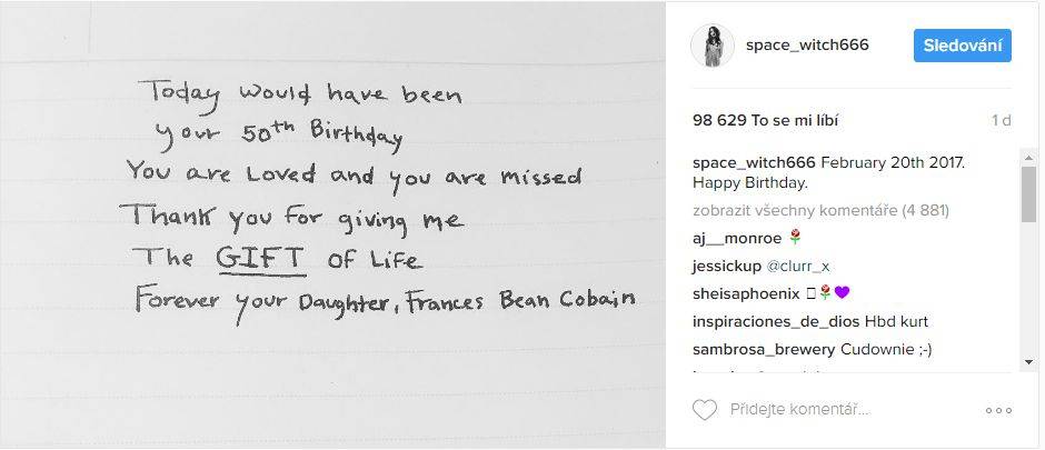 Frances Bean Cobain popřála tátovi Kurtovi k nedožitým padesátinám a chce zpátky jeho kytaru