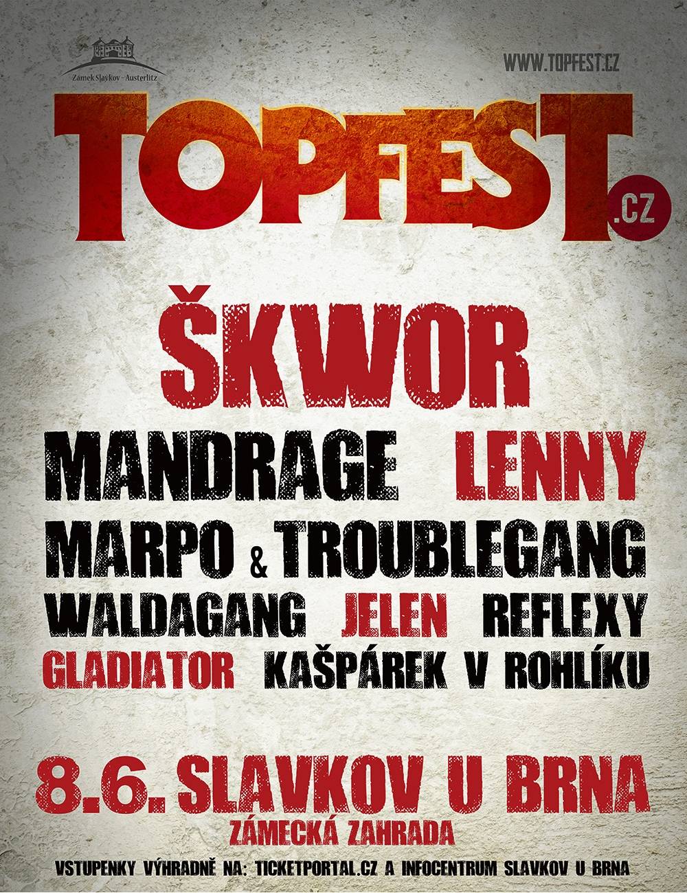 Topfest.cz přivítá ve slavkovské zámecké zahradě Škwor, Mandrage i Gladiator